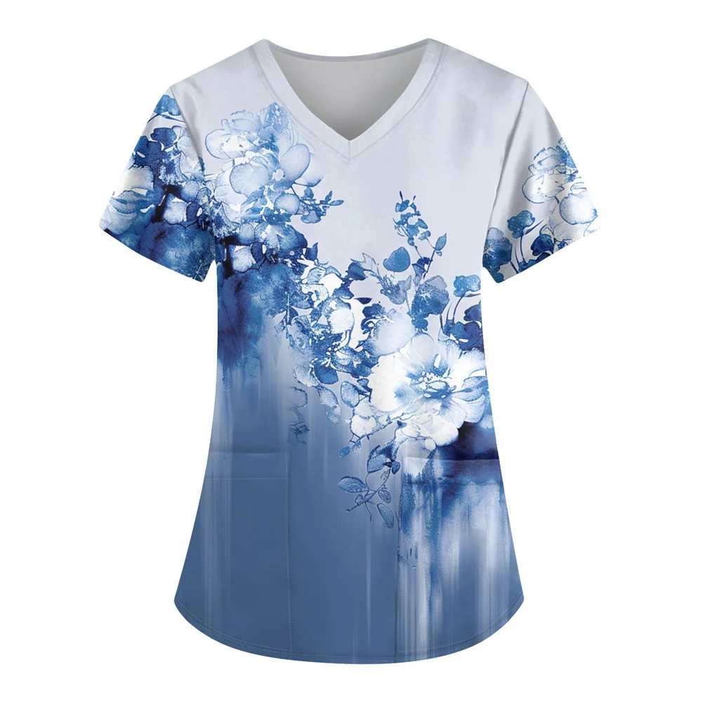Womens Floral Print Uniforms V Neck Summer Casual Scrubs Short Sleeve Medical Workwear Nursing Scrub Tops with Pockets 3XL ﻿