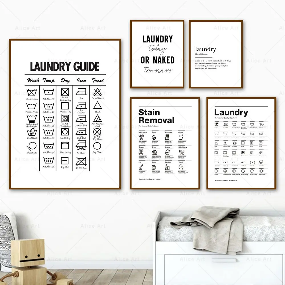 Stain Removal Laundry Guide Canvas Painting Laundry Symbol Sign Prints Black and White Poster Wall Art Pictures Bathroom Decor