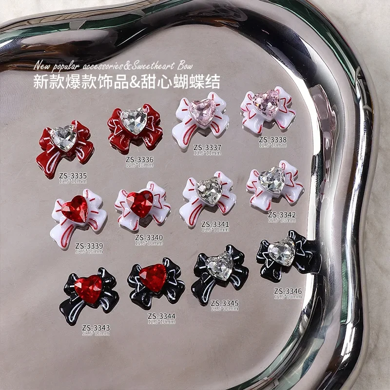 10Pcs Stylish Resin Nail Supplies Korean Sweetheart Bow Tie Butterfly Knot Heart Diamond DIY Nail Charms