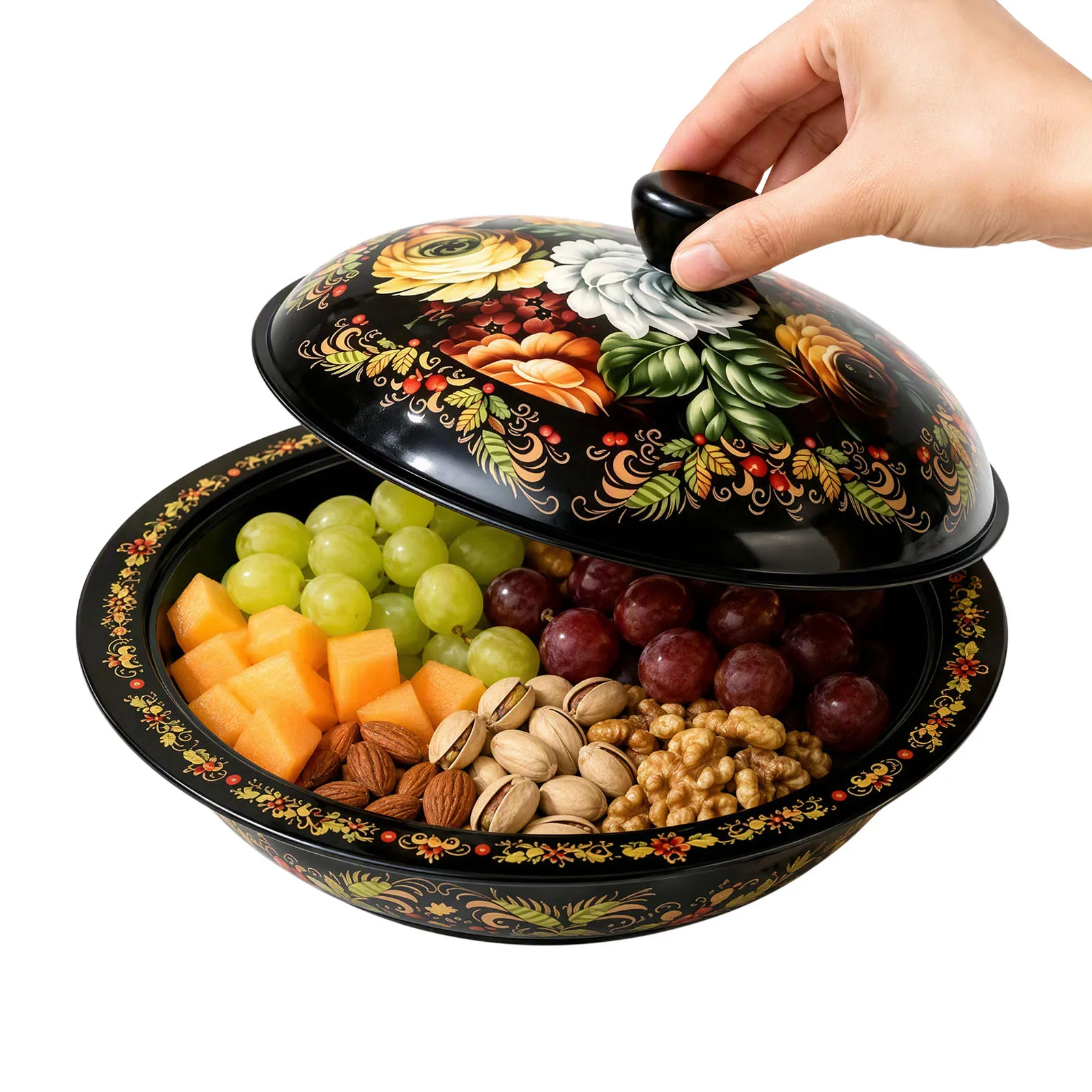 Round Tinplate Tray with Dome Lid Floral Print Lacquered Metal Basin for Home Wedding Decoration Storage Display