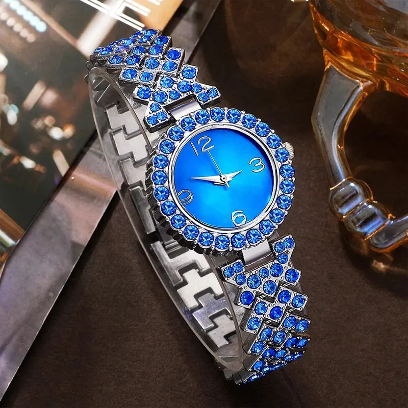 Women\'s Quartz Watch Blue Luxury Women Ring Necklace Earring Rhinestone Fashion Wristwatch Casual Ladies Watches Jewelry Set