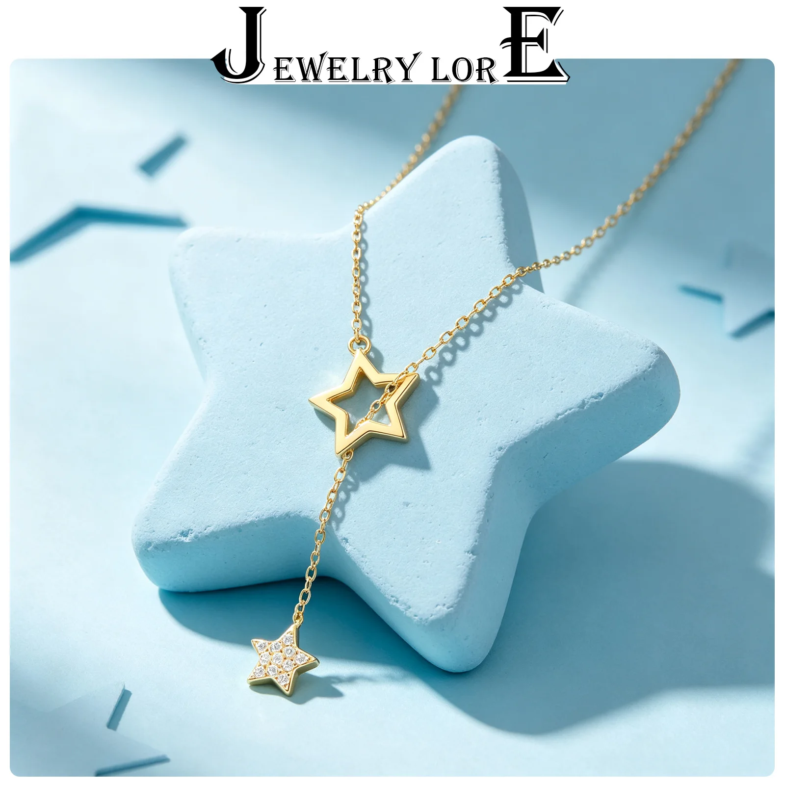 Women Minimalist Y Shape Double Star Zircon Lariat Necklace, Gold Silver Tone Delicate Chain Jewelry Gift