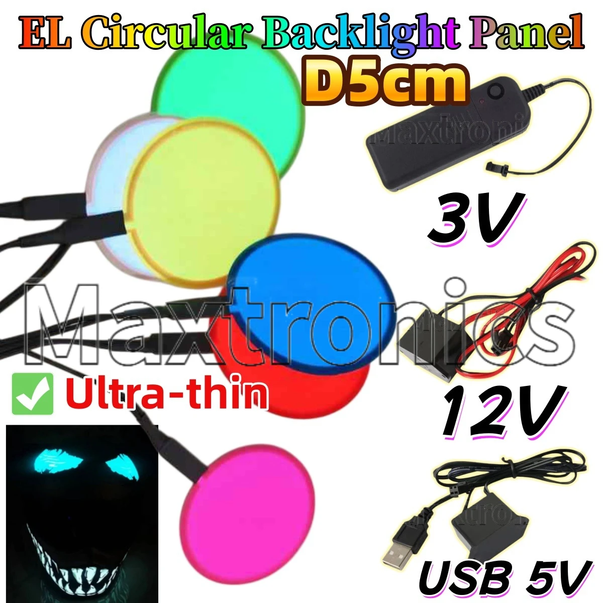 D5cm Ultra-thin EL Circular Cold Light Panel Chip Yellow/ White/ RED/ Pink/ Green 3V/5V/12V for LED Mask Backlight Party Decor