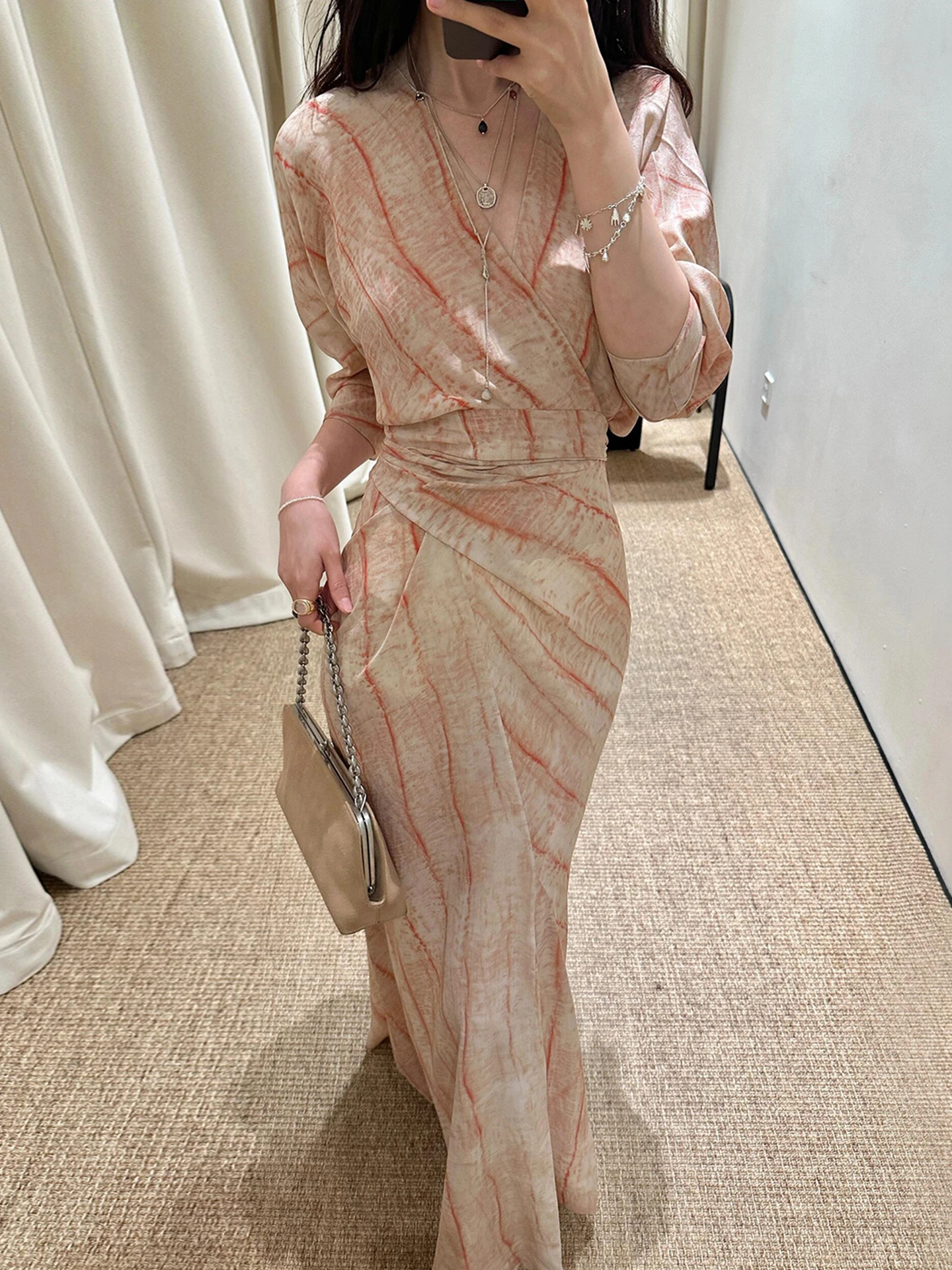 Ele V-Ne Adient Color Long Dr Damen Sommer 2025, New Beach Vaion, hohe Taille, A-Linien-Rock, Blumendruck Dr