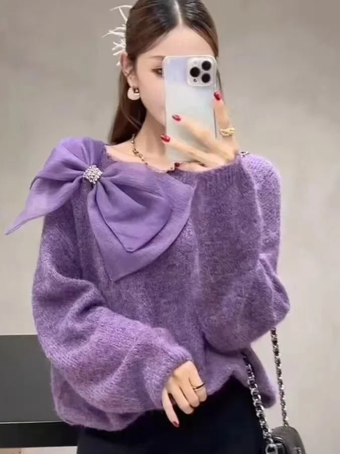 Faionable Knitted Knot Base irt Damen Lila Loose Fit Casual Sle Long Sve Round Ne Pullover Sweater