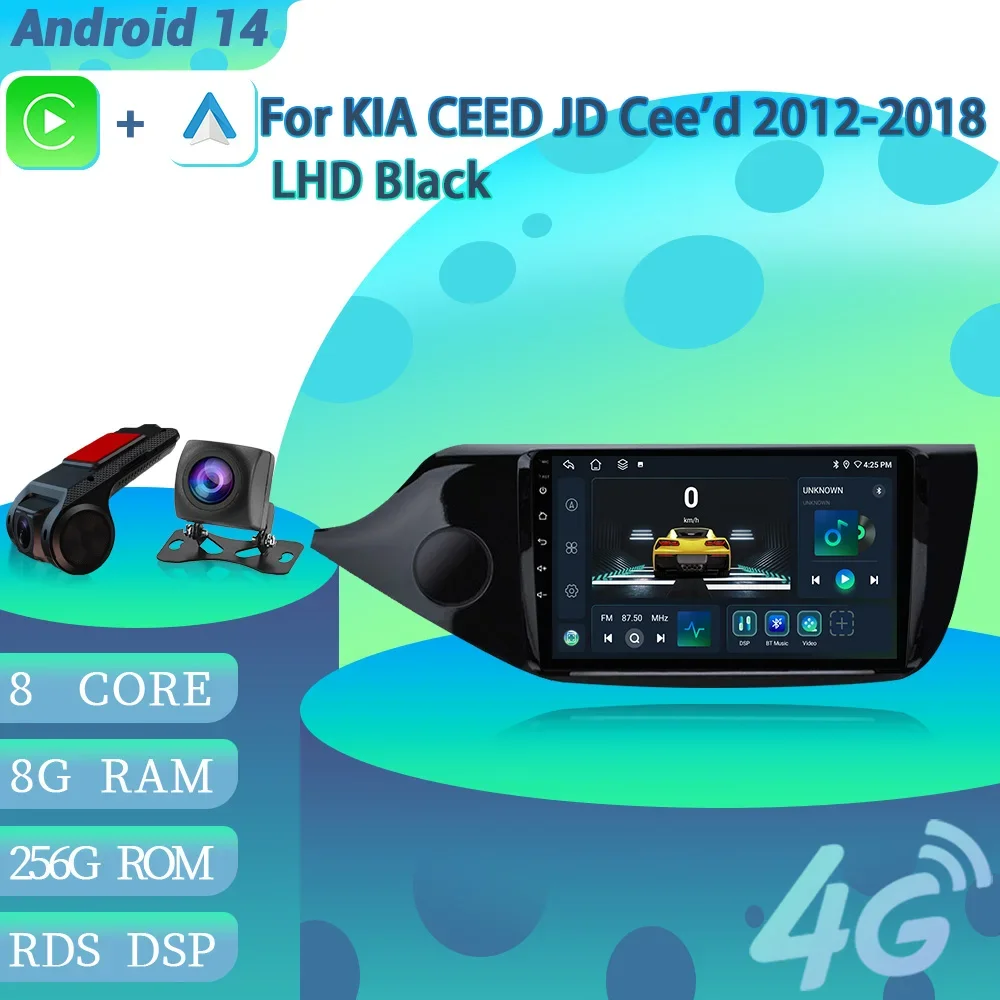 For KIA CEED JD Cee'd 2012-2018 Left Hand Drive Black Android 14 Car Radio Multimedia Player Navigation Carplay Bluetooth Screen