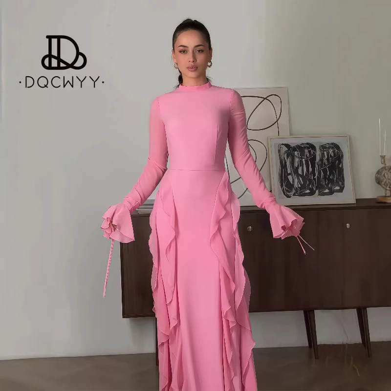 

DQCWYY Women's Dress 2025 Spring New Lotus Leaf Edge Splicing Fairy Wind and Snow Spinning Style Half High Collar Long Dresses