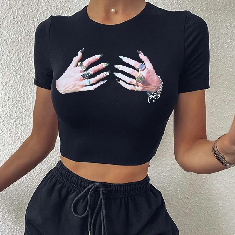 Koszulka damska streetwear, uniwersalna, klasyczna, vintage, z kreatywnym nadrukiem ręcznie robionym, typu baby tee, Y2k, Harajuku, punk, dopasowana, seksowna, crop top