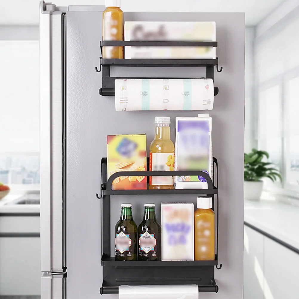 

Refrigerator Magnetic Storage Rack Single Layer Shelf Home Kitchen Organizer 4 Hooks Black Simple Design Easy