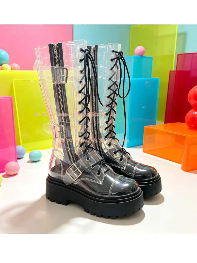 Round Head Transparent Materia - огляд і ціна High Knee Heel Boots