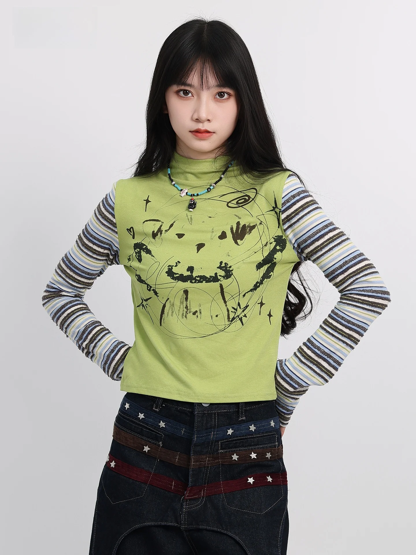 American Style Long Sleeve T-Shirt Women Early Autumn New Design Sense Striped Correct Shoulder Slimming Top High Collar