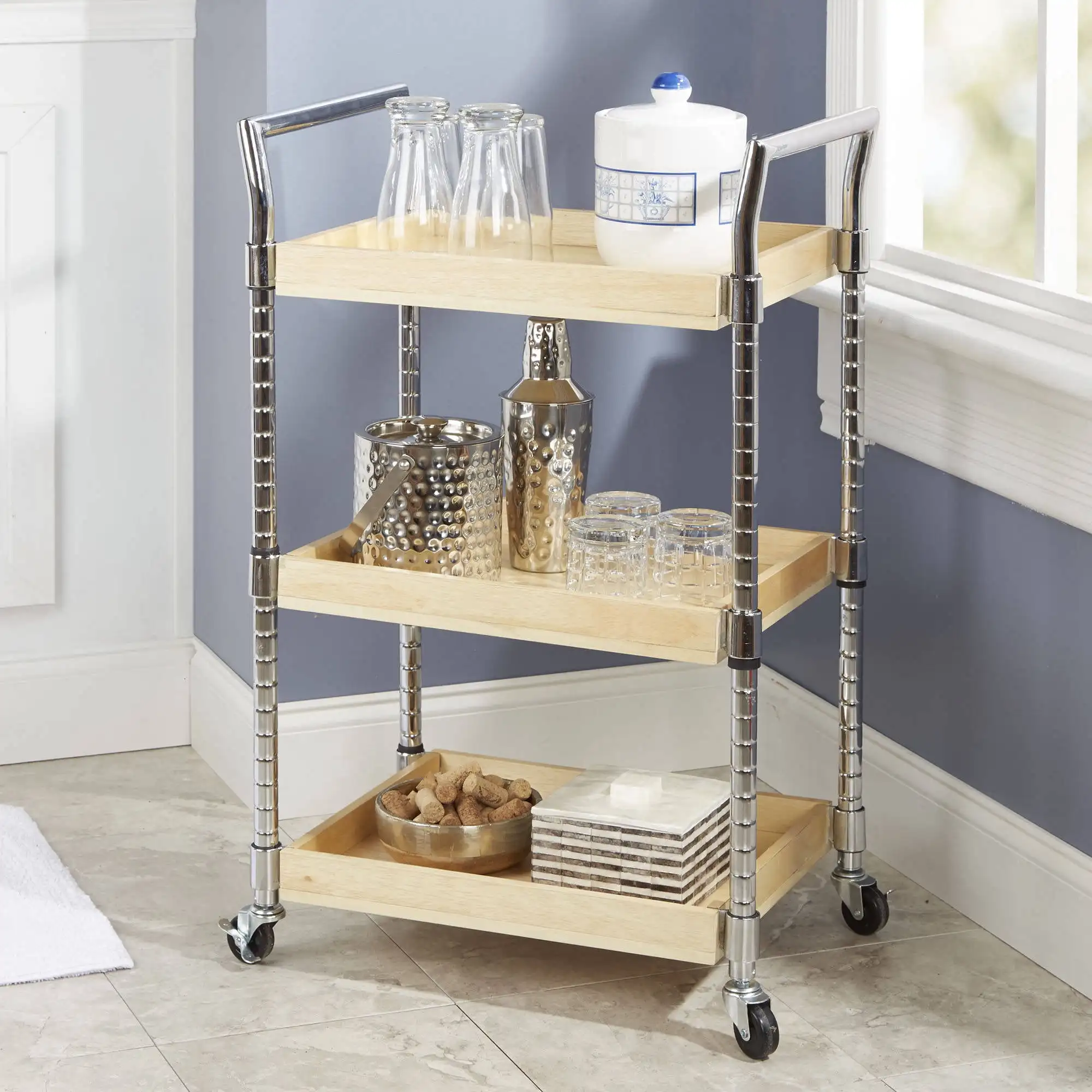 

Multi-Purpose Wood Cart, Natural Finish with Chrome Handles