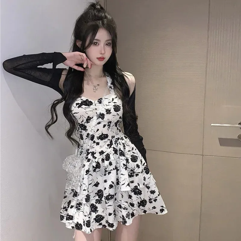 

Spicy Sweet ter Ne Летняя новинка с цветочным принтом, женская утягивающая юбка трапециевидной формы с высокой талией и бретельками Dr Pure Desire