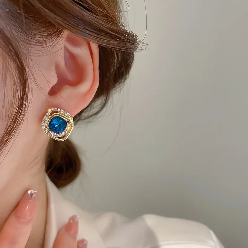Double Square Blue Color Crystal Stud Earrings for Women Lovely Korean Geometry Temperament Brincos Wholesale Girl Gift