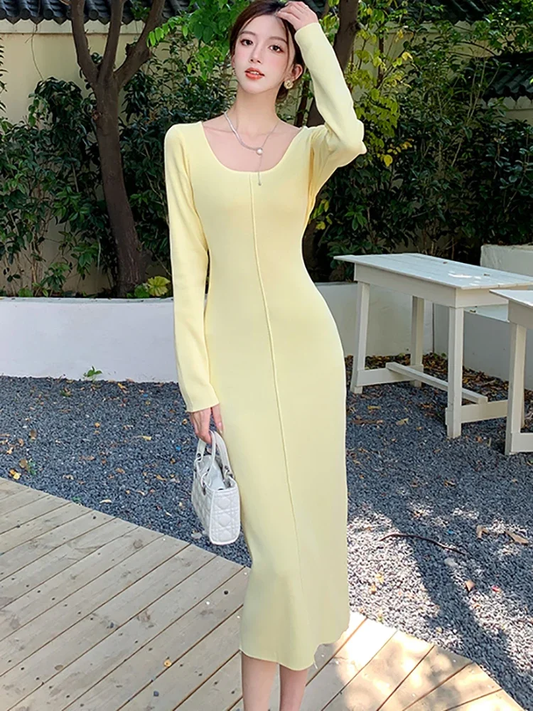 2025 الصلبة محبوك كم طويل فستان طويل غير رسمي المرأة أنيقة شيك سترة فستان الخريف الشتاء سميكة الدافئة فساتين السهرة الطرف