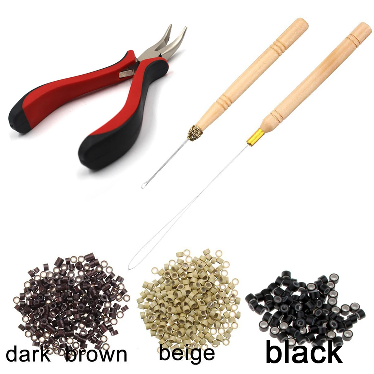 Kit di strumenti per estensioni dei capelli 4 pezzi Nero Marrone scuro Marrone chiaro Oro Micro anello Perline 1 Micro perline Pinza 1 Gancio per tirare l'ago