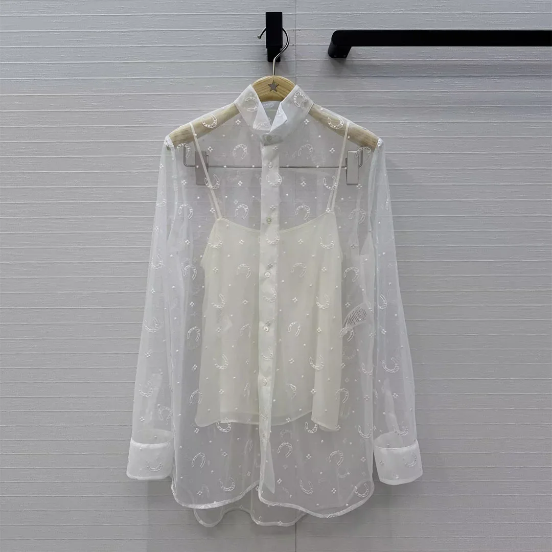 Novelty Sweet Transparent Mesh Shirt Women Embroidery Pattern Lapel Long Sleeve Blouse With Silk Camis Designer Tops