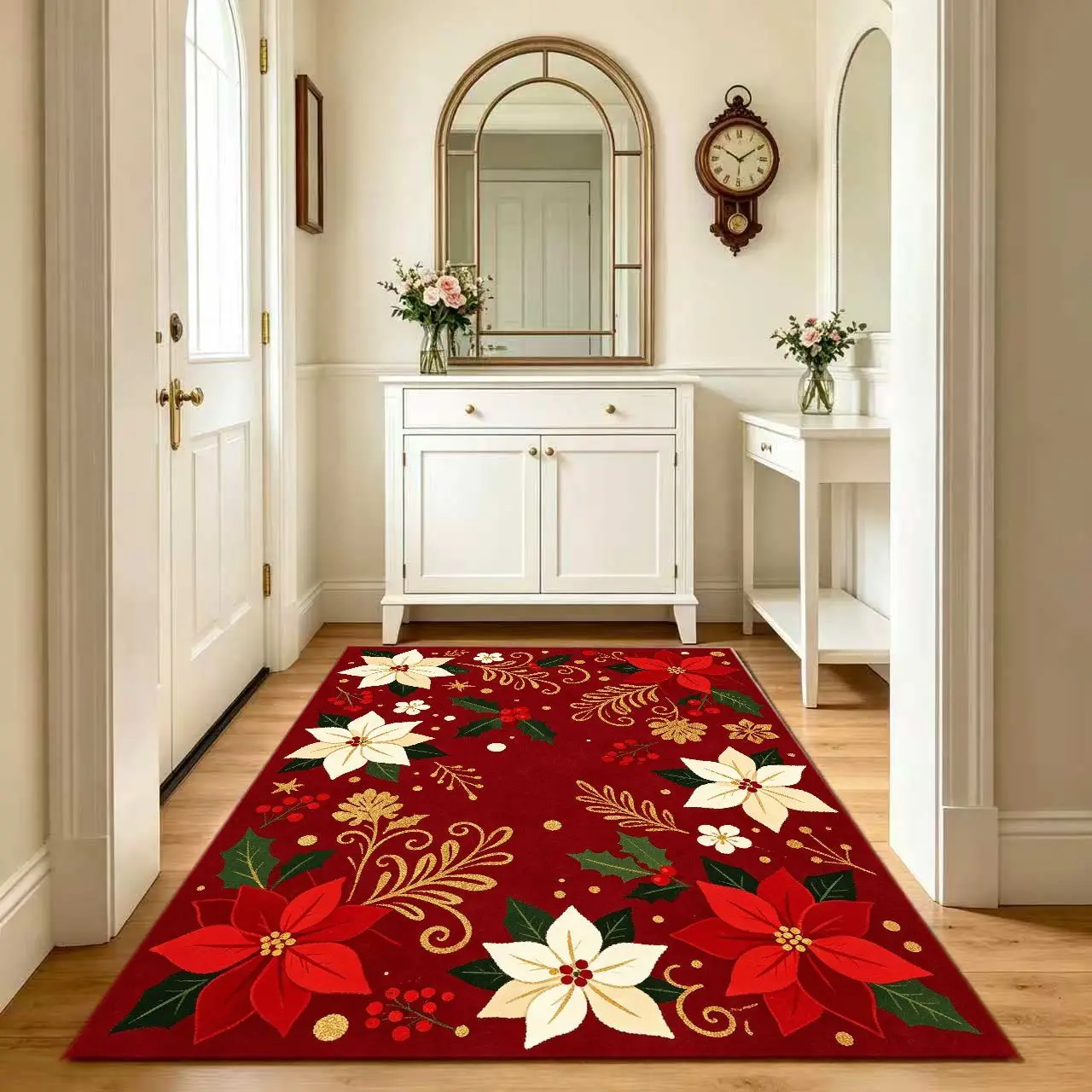1pc 2D Flat Christmas Poinsettia Floral Printed Floor Mat, Decorative Rug for Living Room, Bedroom, Home