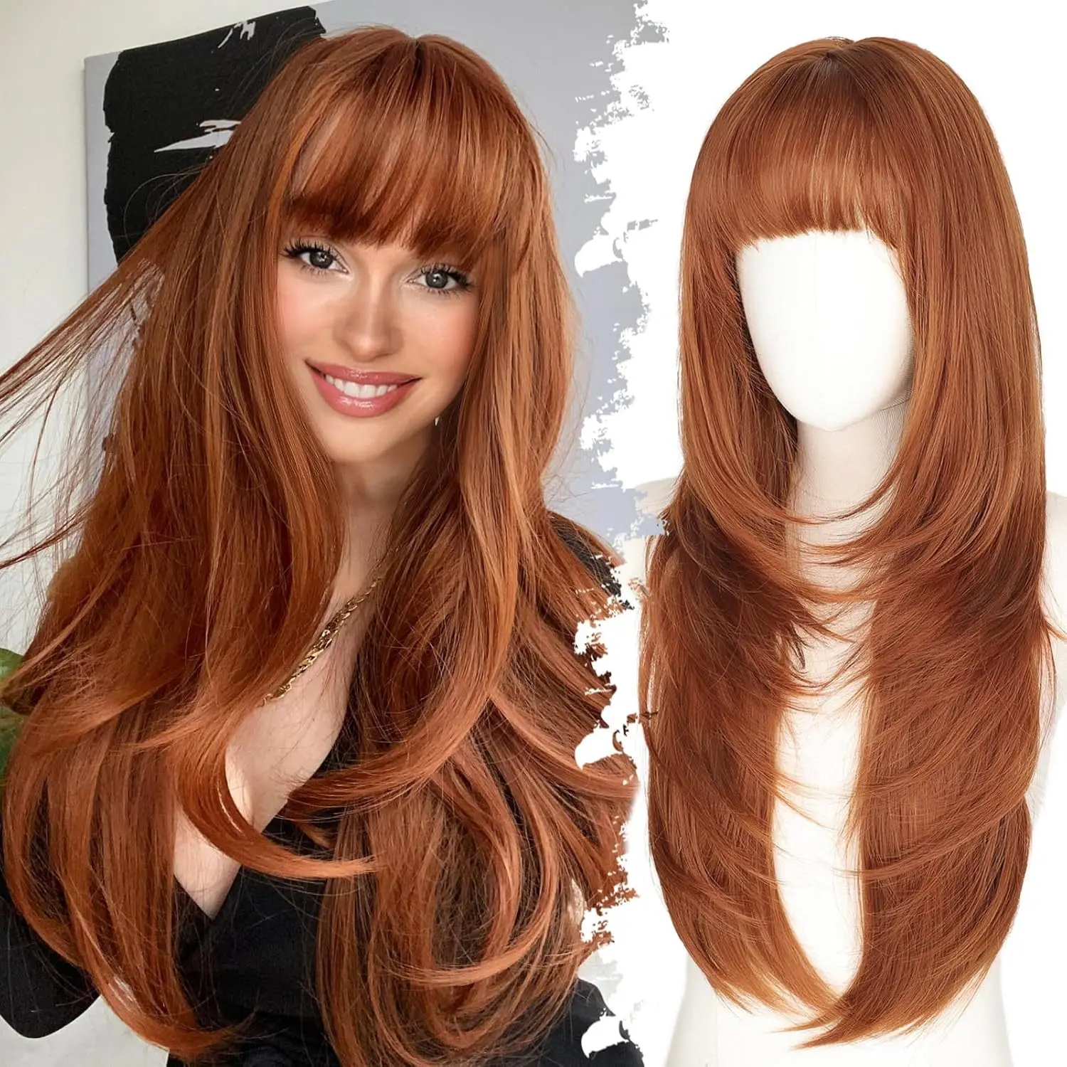 

European and American Women's Orange High-Layered Long Straight Wig - Fashion Synthetic Fiber Full Head Wig
