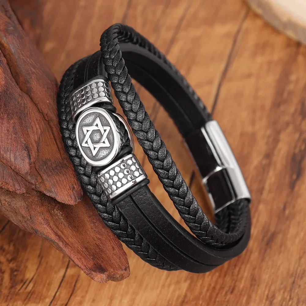 Simple Men's Fashion Stainless Steel Star David Layered Leather Handwoven Bracelet Men's Bracelet Decorated for Holiday Gifts