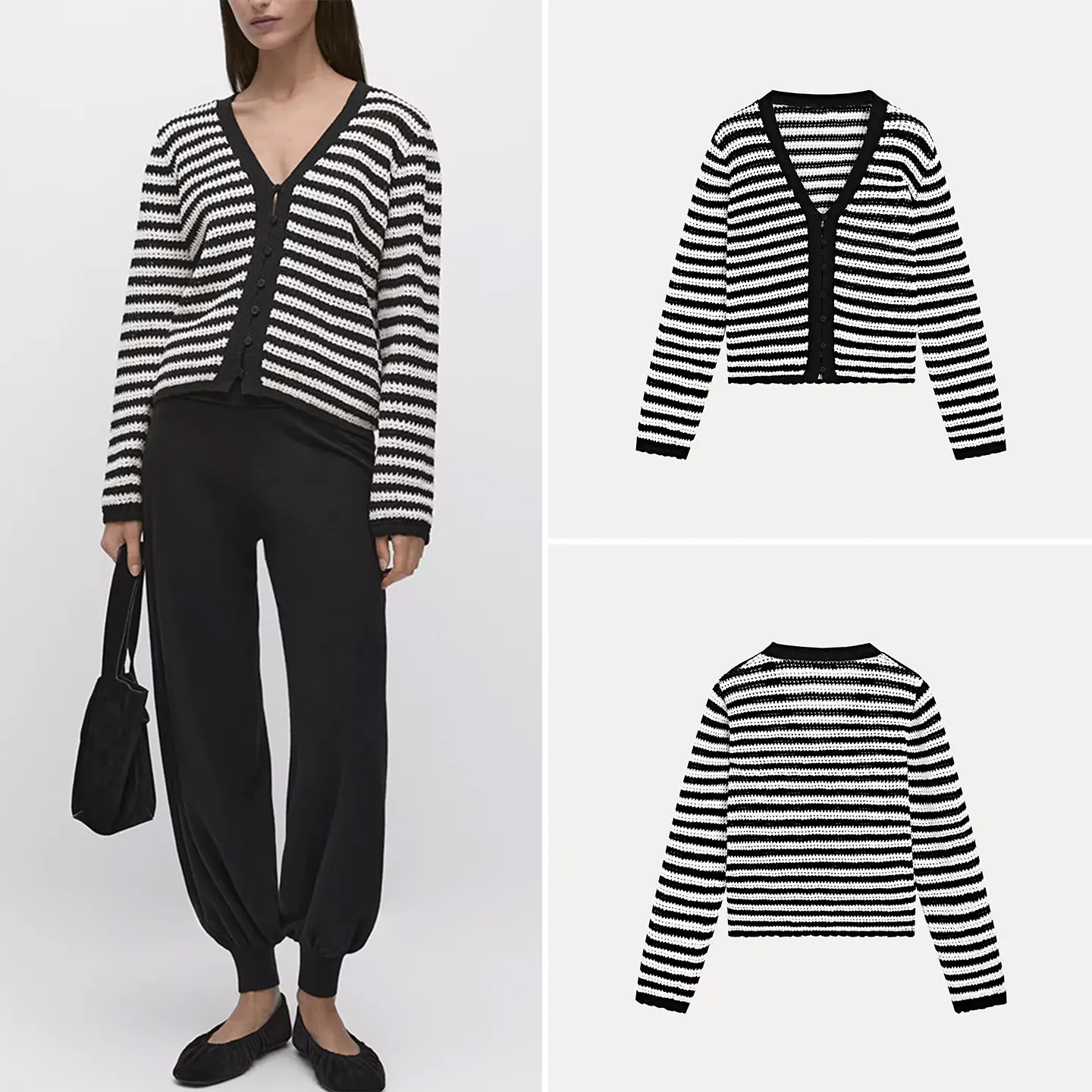 

Spring 2026 Women's Casual Fashionable V-neck Striped Knitted Open Cardigan Long Sleeve Regular Fit ZADATA Ladies Knitwear