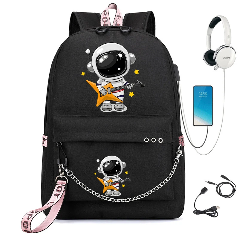 Nieuwe Rugzak Voor School Mode School Tassen Voor Meisjes Cartoon Astronaut Met Gitaar School Rugzak Usb Book Bag Reizen Rugzak