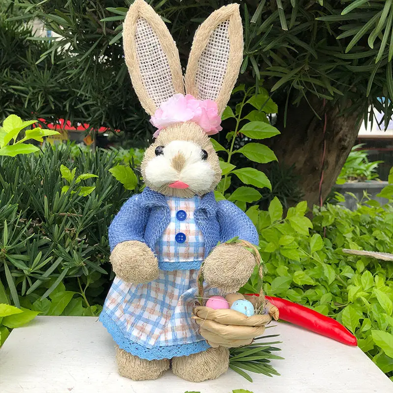 

Easter Rabbit Straw Woven Bunny Decoration Ornament Easter Holiday Decors w/ Clothes Yard Party Home Desktop Supply 35CM