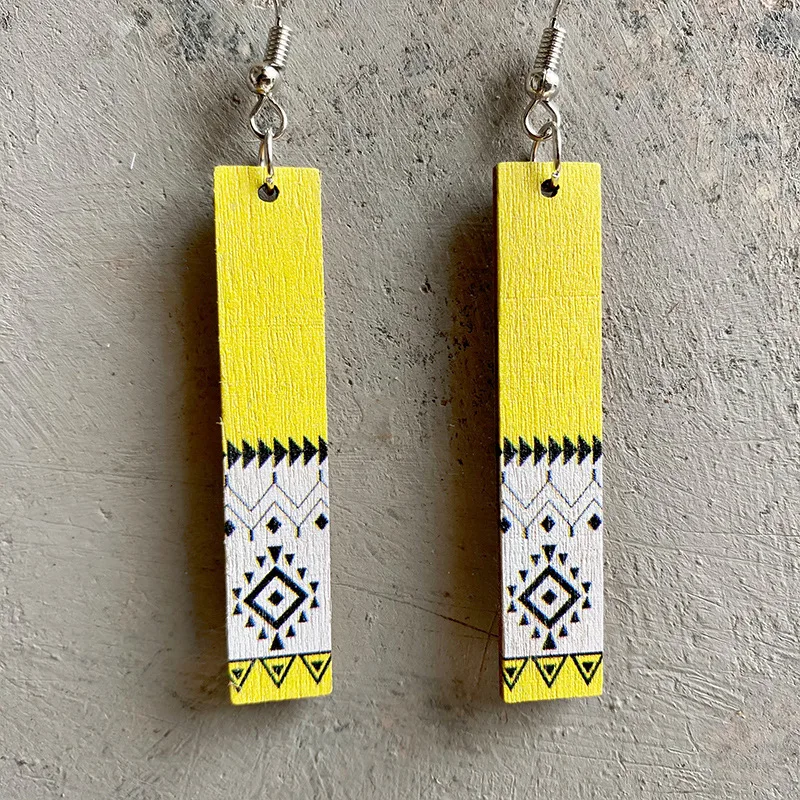 Simple Wooden Jewelry Aztec Print Pattern Earrings European Popular Rectangular Wooden Earrings