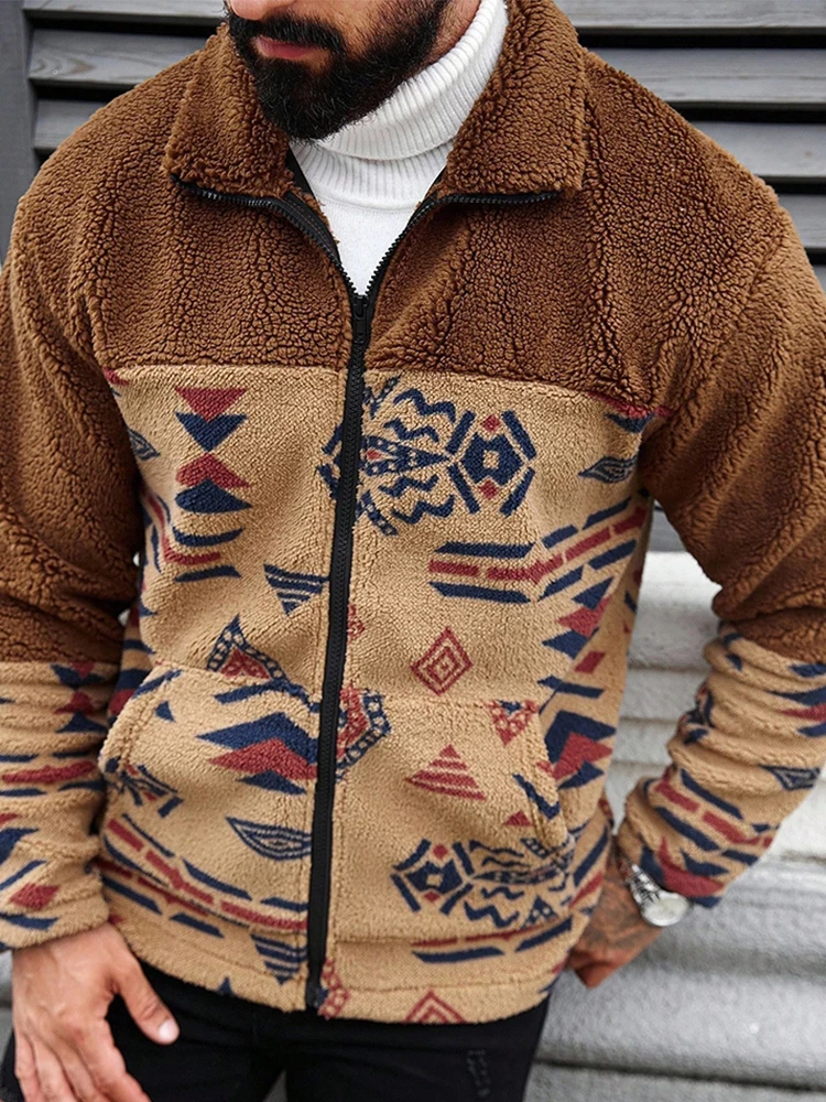 Fashionable Zip-up Outerwear Mens Vintage Contrast Color Stand Collar Jacket Men Winter Patchwork Sweater  Long Sleeve Coats