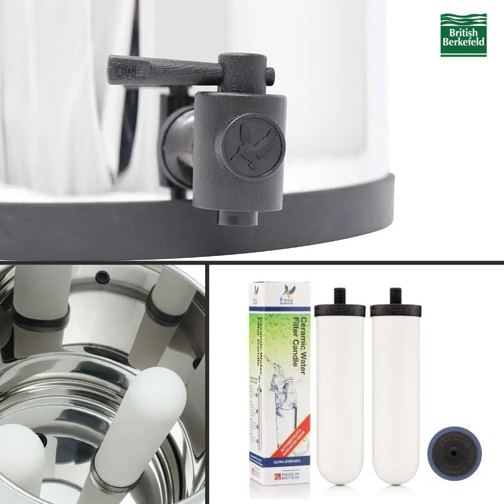 Berkefeld británico de 3,17 galones de ancho 9361137 Sistema de filtración de agua alimentada por gravedad para encimera con Ultra Sterasy