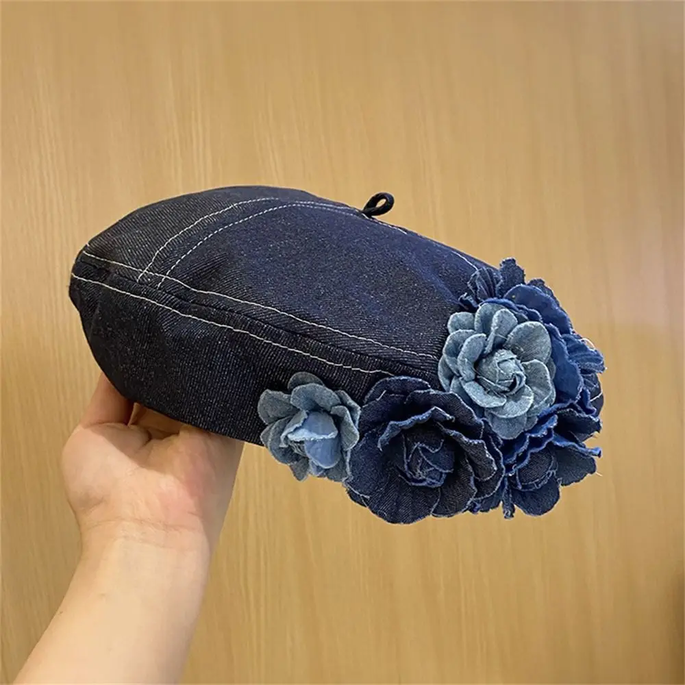 Spring and Summer Contrasting Colors Denim Camellia Trendy Fluffy Denim Color Cotton Painter Hat Casual Fashionable Beret Hat
