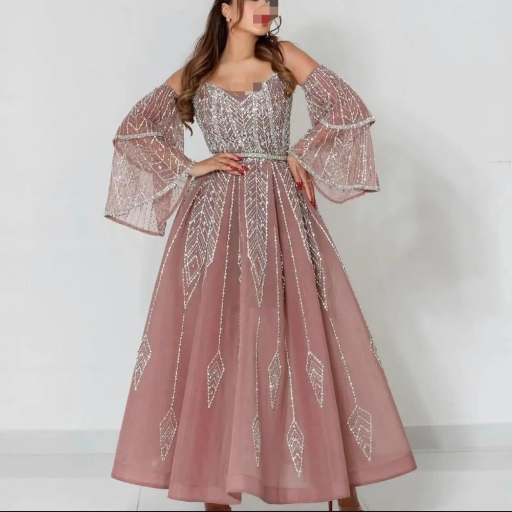 Epoche Abendkleid elegante A-Linie glänzende Pailletten Arabien abnehmbare Ärmel Schatz exquisite maßge schneiderte Cocktail Ballkleid