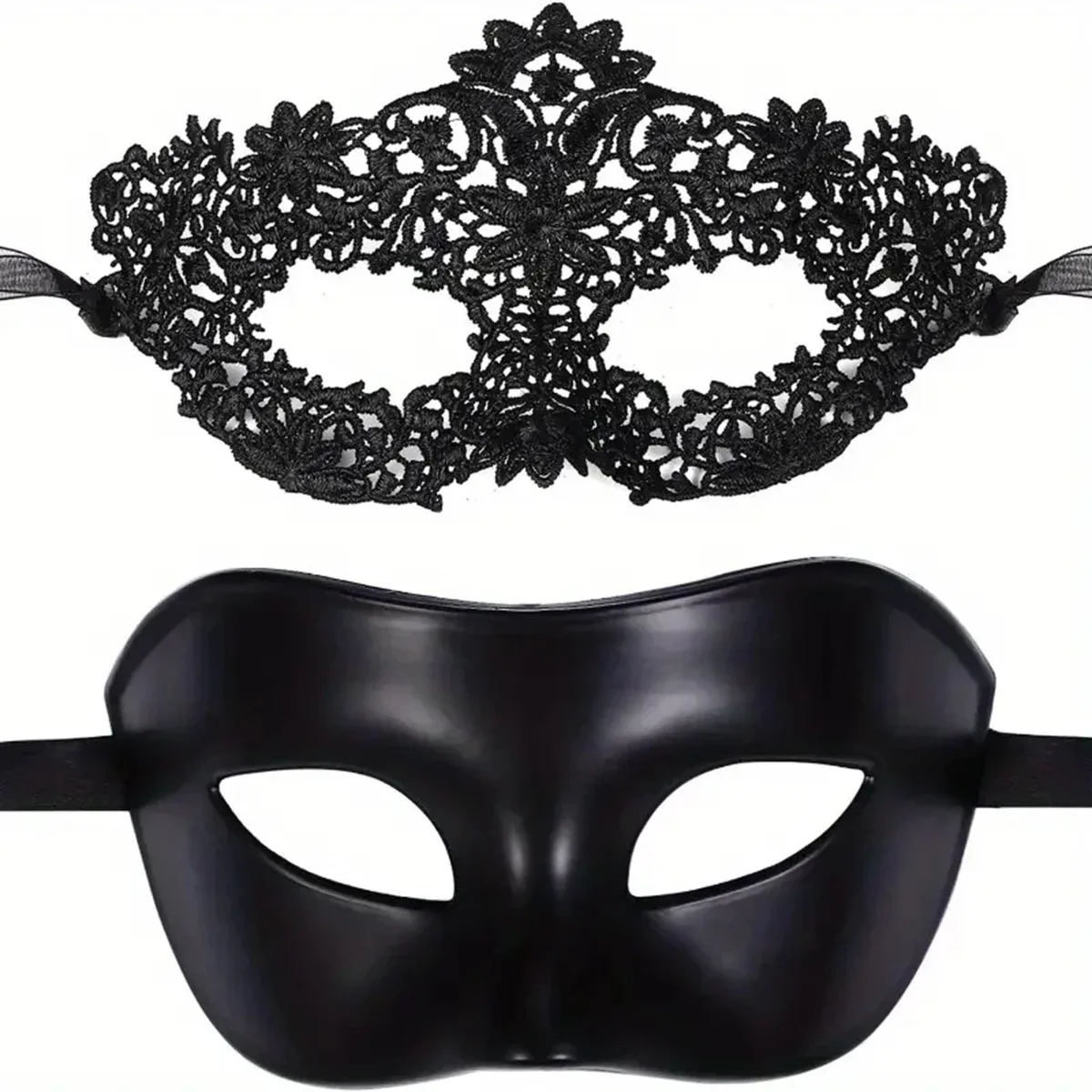 Lot de 2 masques d'Halloween élégants en dentelle noire pour couples, parfaits pour les fêtes vénitiennes et les célébrations du Mardi Gras