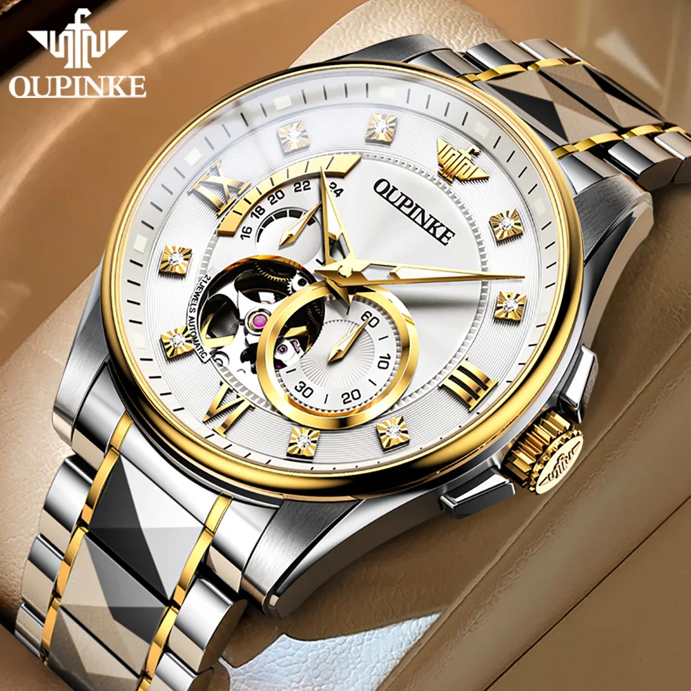 OUPINKE Men Automatic Watches Luxury Tungsten steel Skeleton Self-Winding Watches Sapphire Swiss Mechanical Movement Watch 3245