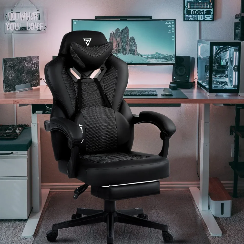 New Gaming Chair with Footrest, Mesh Gaming Chair for Heavy People, Ergonomic Reclining Gamer Computer Chair