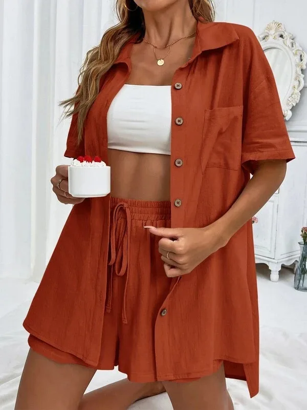 Ladies Casual Suit Summer Women\'s Fashion Casual Loose Single Breasted Shirt Short Sleeve Shorts Two Piece Set