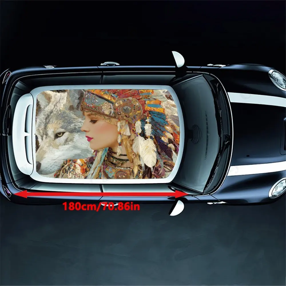 Cool Tribal Style Woman & Wolf Car Roof Vinyl Wraps Sticker, Auto Decal, Artistic Vehicle Decoration, Self-adhesive Waterproof C