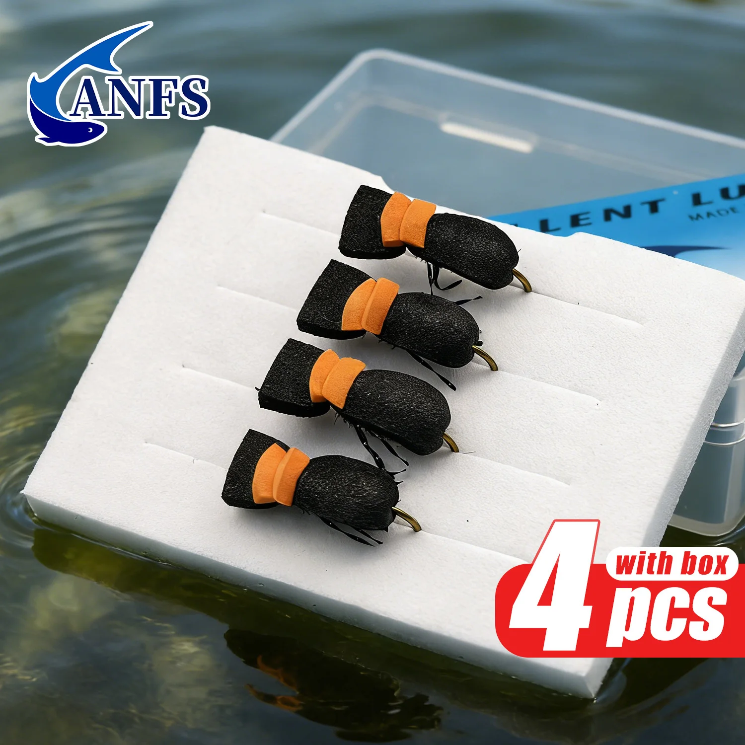 ANFS 4 piezas de moscas de espuma tipo escarabajo con caja de almacenamiento, moscas secas atadas a mano para pesca, regalo para pesca con mosca