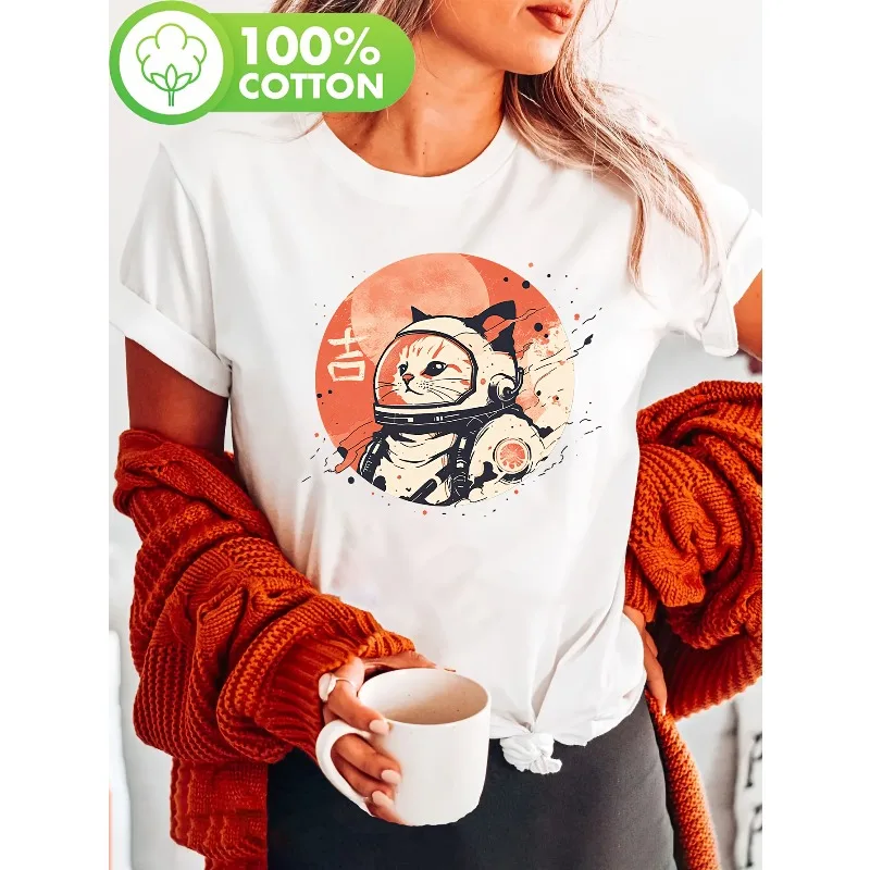 

Women's Space Cat Astronaut Print T-Shirt Round Neck Casual Top Black with Orange Accents Comfortable All-Season T-Shirt