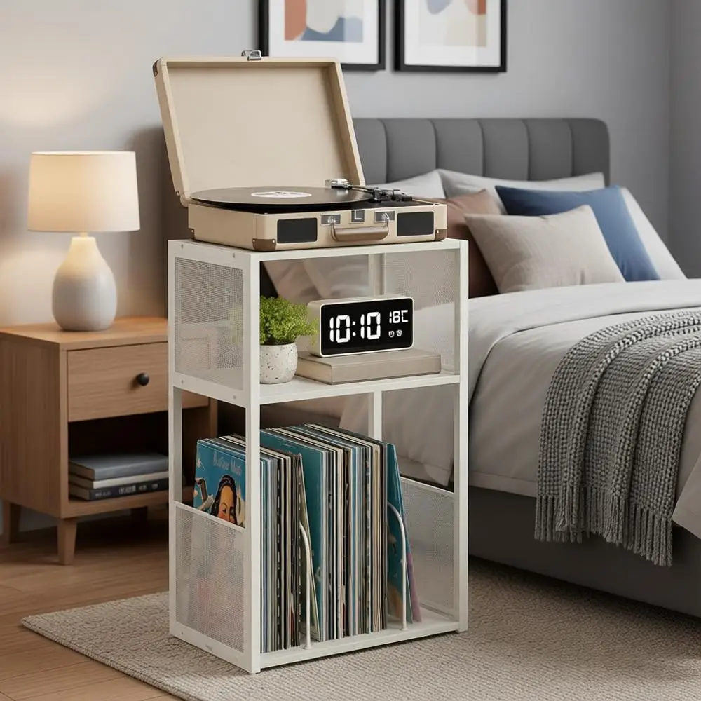 

3-Tier Side Table, Vinyl Record Storage up to 100 Albums, End Table or Living Room, Bedroom, Rustic White