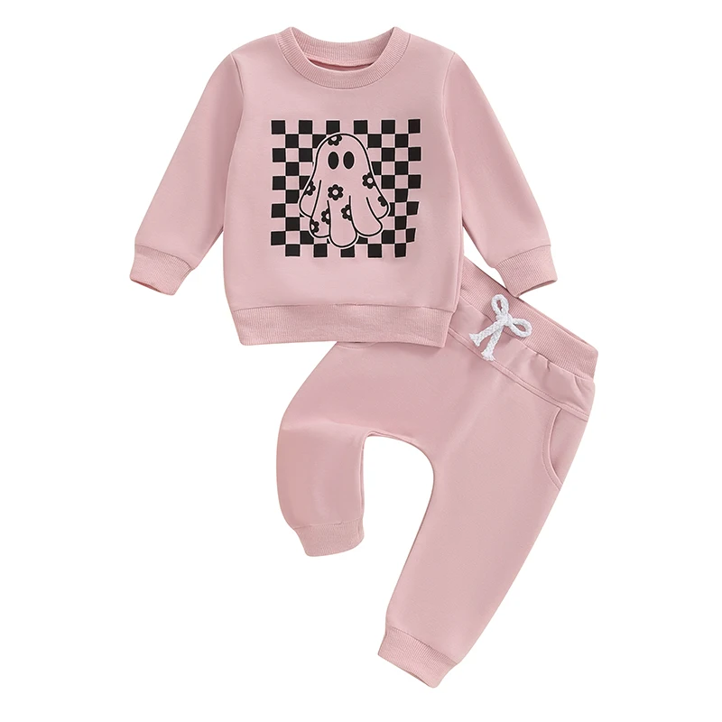 

Little Girls Halloween Pants Sets Long Sleeve Ghost Checkerboard Print Tops Solid Color Pants Sets