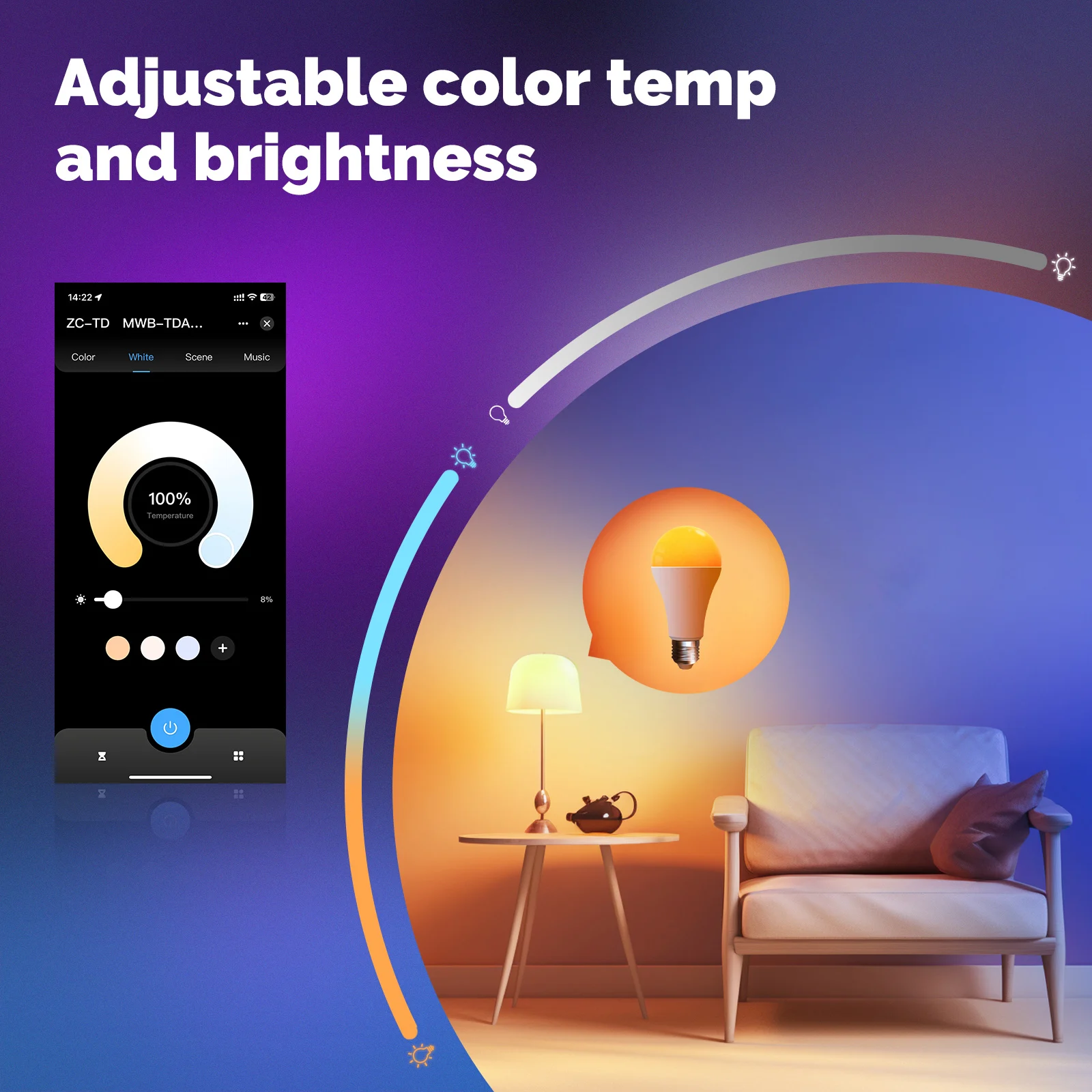 MATTER Bombilla inteligente WiFi RGB+CW 14W E27, cambio de color regulable 2700K-6500K, aplicación Tuya, Compatible con Alexa Google Home