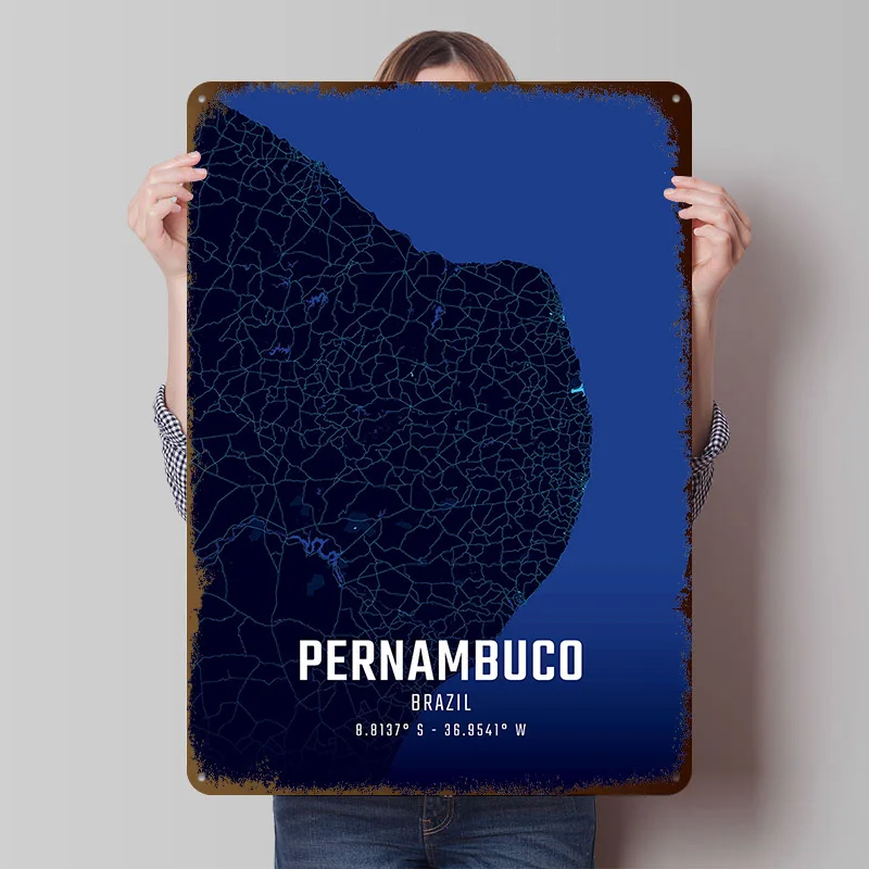 Pernambuco Midnight City Map Metal Poster Customized Wall Art Retro Vintage Tinplate Signs for Man Cave Gamer Room Decoration
