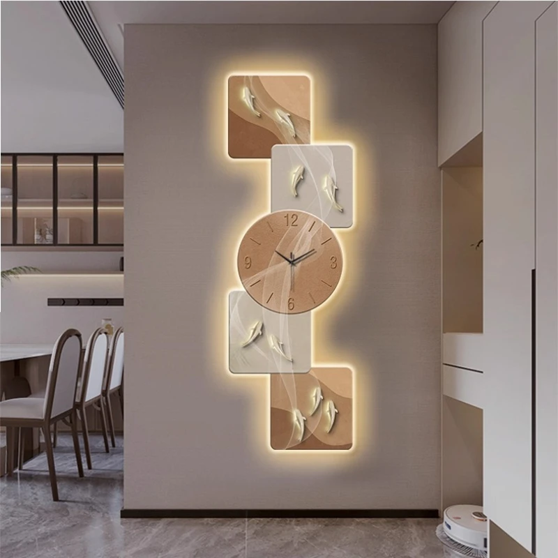 2026 New Model Nine Fish Graph Entrance Wall Clock Living Room Mute Digital Wall Clock Corridor LED Luminescent Mural Home Decor