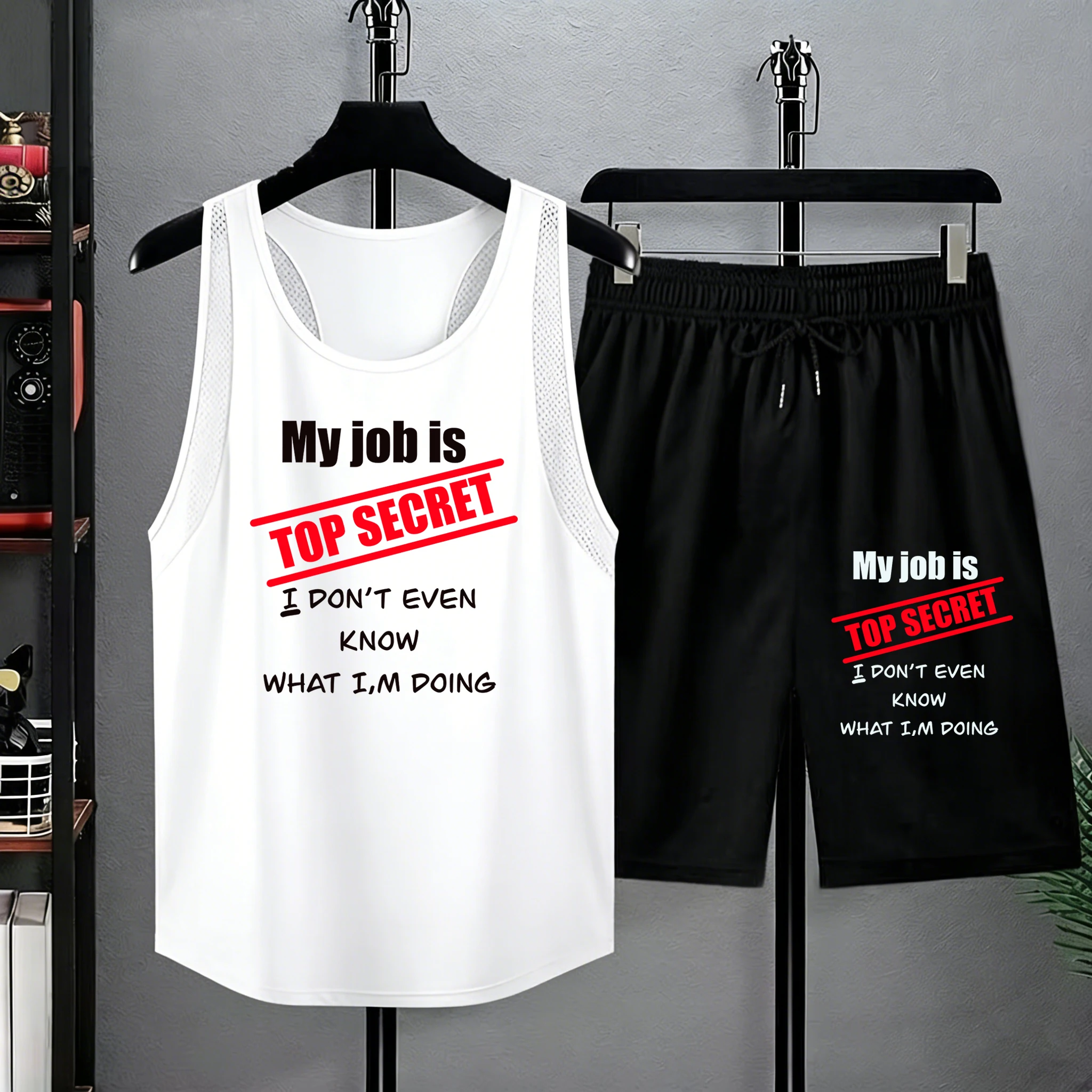 

My Job Is Top Secret Prints Men Sport Breathable Vest & Shorts Suit Fashion Cool Sleeveless Tee Summer Gym Swimming Pants Unisex