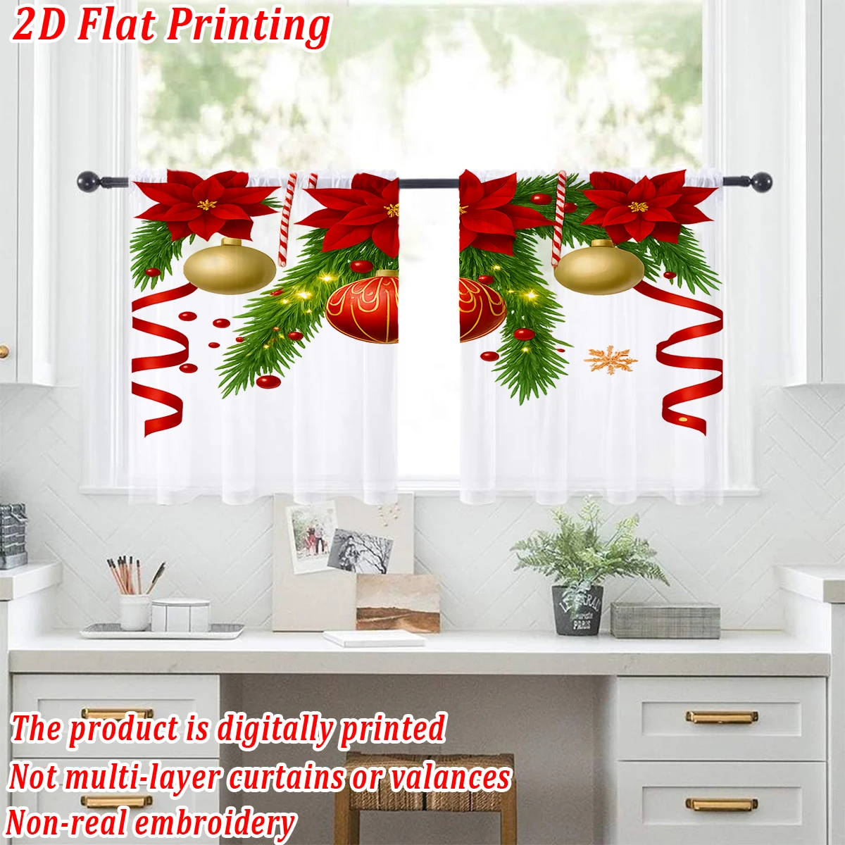 عيد الميلاد الطباعة المسطحة المطبخ شير الستار مع عيد ميلاد سعيد البونسيتة القوس زخرفة لعيد الميلاد ديكور المنزل الطرف