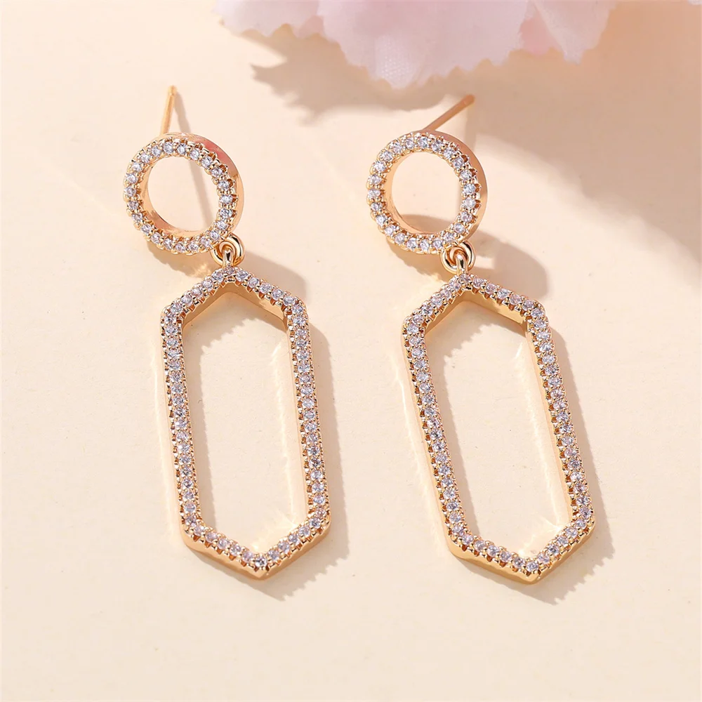 Geometric Hollow Long Tassel Pendant White Zircon Stud Earrings For Women Boho Gold Color Wedding Earring Valentine Jewelry Gift