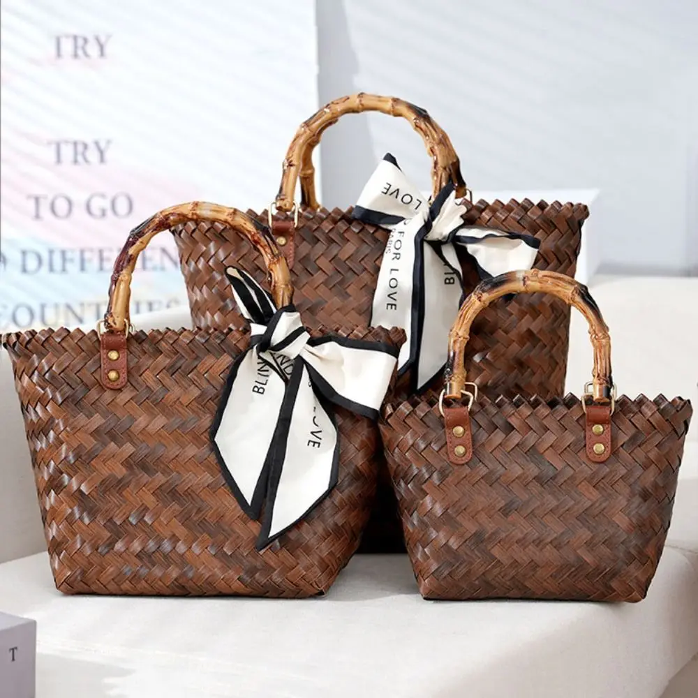 Casual Women Woven Large Capacity Bamboo Handle Handbags Crochet Bag Casual Female Shopping Tote Bags Vacation Beach Bag