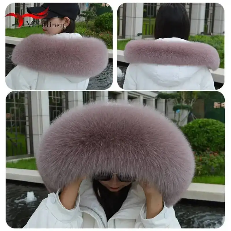 Winter 100% Real Fox Fur Collar Women Luxury Hooded Pink Fur Scarf Warm Fluffy Genuine Raccoon Fur Shawl Scarves