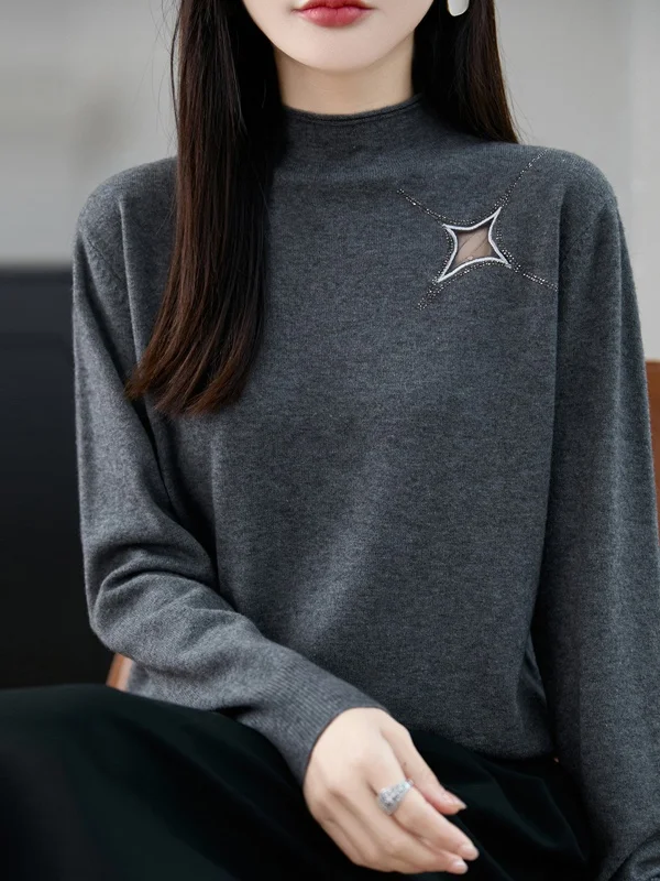 

Элитный женский утепленный вязаный свитер с бриллиантовой отделкой, высоким воротником, теплый, облегающий, базовый слой, зима 2025